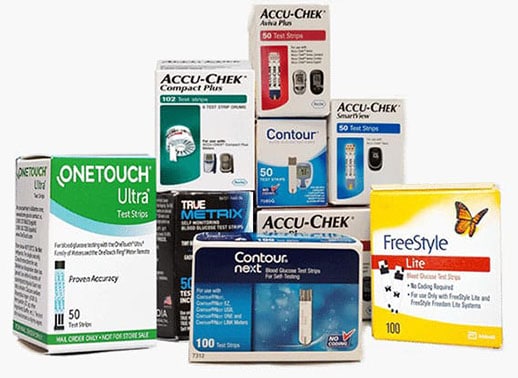 Boxes of diabetic test strips from top brands