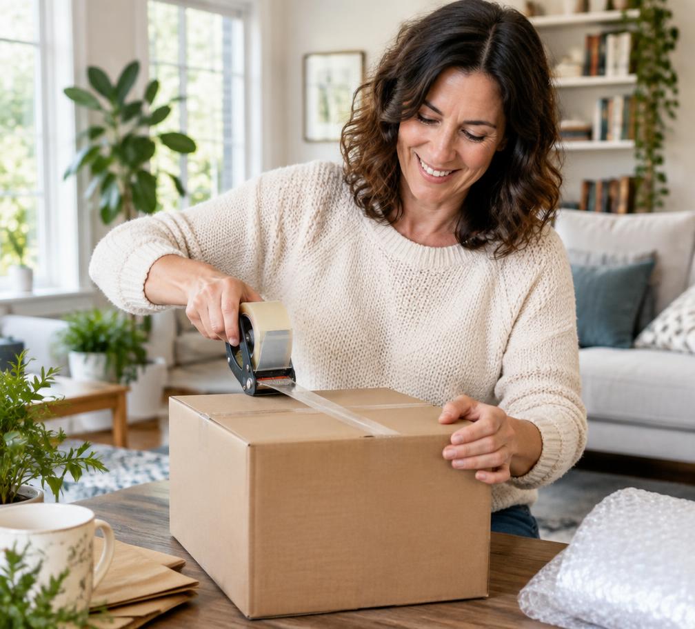 Customer packing a shipping box at home