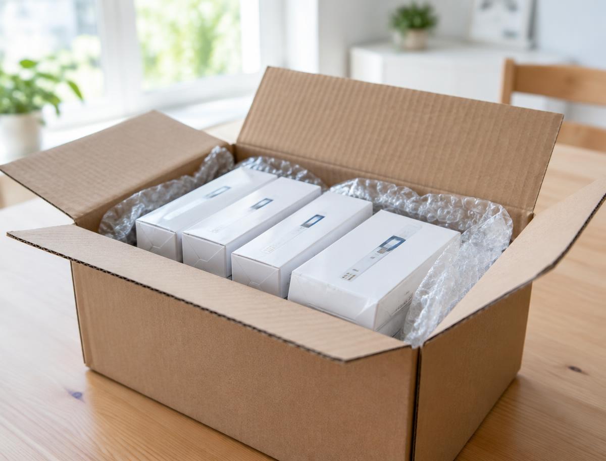 Shipping box packed with sealed test strip boxes